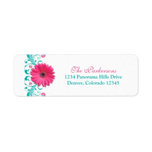 Pink Gerber Daisy Turquoise Floral Wedding Address Label