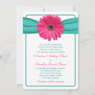 Pink Gerber Daisy Turquoise Wedding Invitation