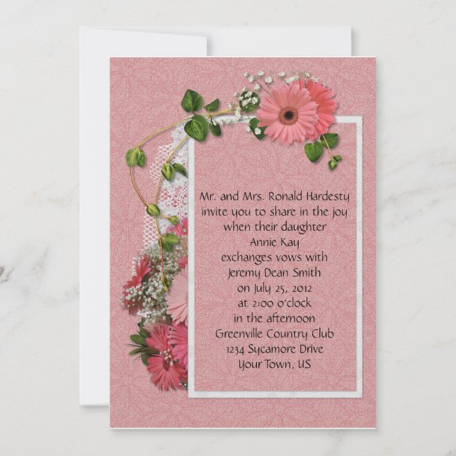 Pink Gerber Daisy Wedding Invitation (Front)