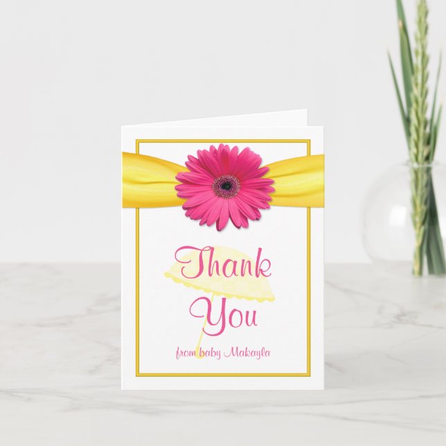 Pink Gerber Daisy Yellow Baby Shower Thank You (Front)