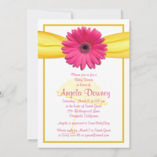 Pink Gerber Daisy Yellow Ribbon Baby Shower Invite