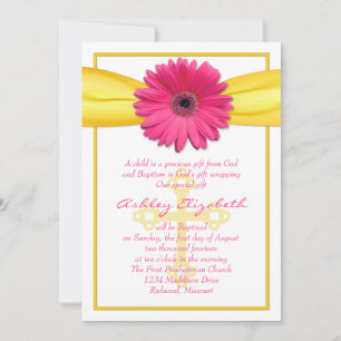 Pink Gerber Daisy Yellow Ribbon Baptism Invitation