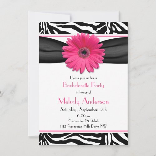 Pink Gerber Daisy Zebra Print Bachelorette Party Custom Invitations