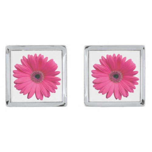 Pink Gerber Gerbera Daisy Flower Wedding Silver Cufflinks