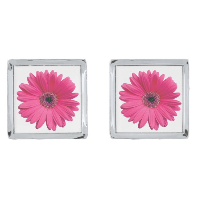 Pink Gerber Gerbera Daisy Flower Wedding Silver Cufflinks (Front)