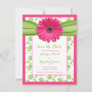 Pink Gerber Green Floral Damask Save the Date Card