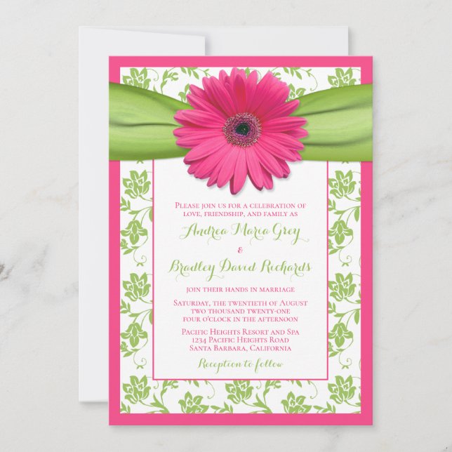 Pink Gerber Green Floral Damask Wedding Invitation (Front)