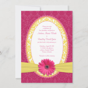 Pink Gerber Lemon Yellow Damask Wedding Invitation