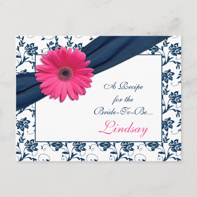 Pink Gerber Navy Damask Recipe Card for the Bride (Front)