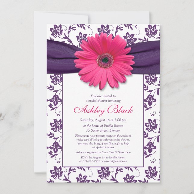 Pink Gerber Purple Damask Bridal Shower Invitation (Front)