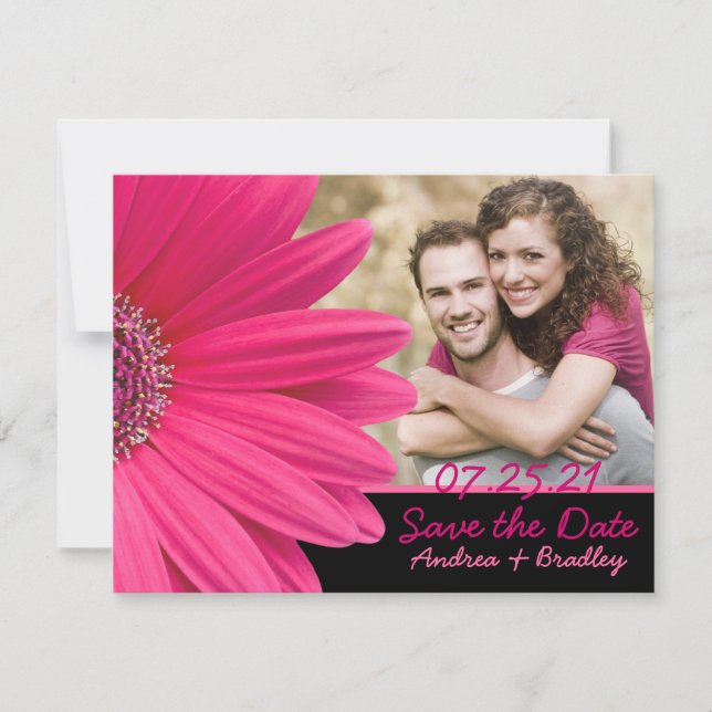 Pink Gerbera Black Photo Save the Date Card (Front)