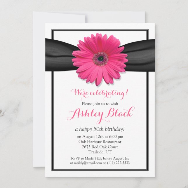 Pink Gerbera Black Ribbon Birthday Invitation (Front)