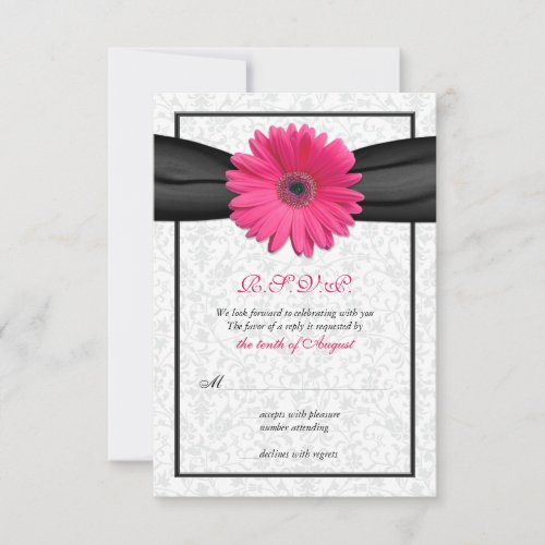 Pink Gerbera Black Ribbon Wedding Reply Card Custom Announcement