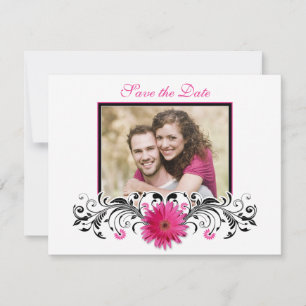 Pink Gerbera Black White Floral Save the Date Card