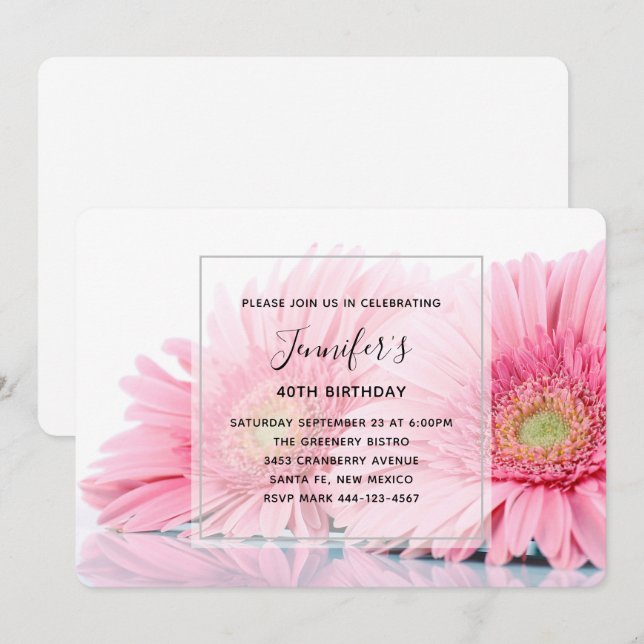 Pink Gerbera Daisies Elegant Photo Birthday Invitation (Front/Back)