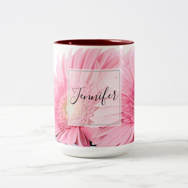 Pink Gerbera Daisies Elegant Photo Two-Tone Coffee Mug (Center)