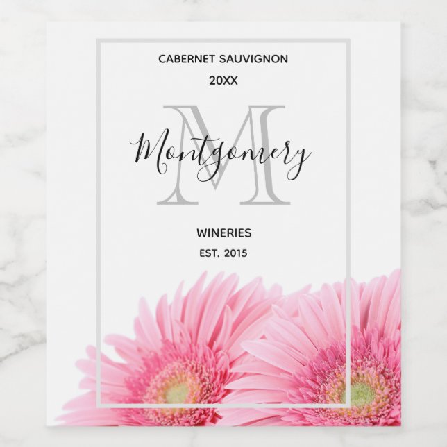 Pink Gerbera Daisies Elegant Photo Wine Making Wine Label (Single Label)