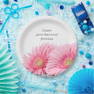 Pink Gerbera Daisies Elegant Photography Birthday Paper Plates