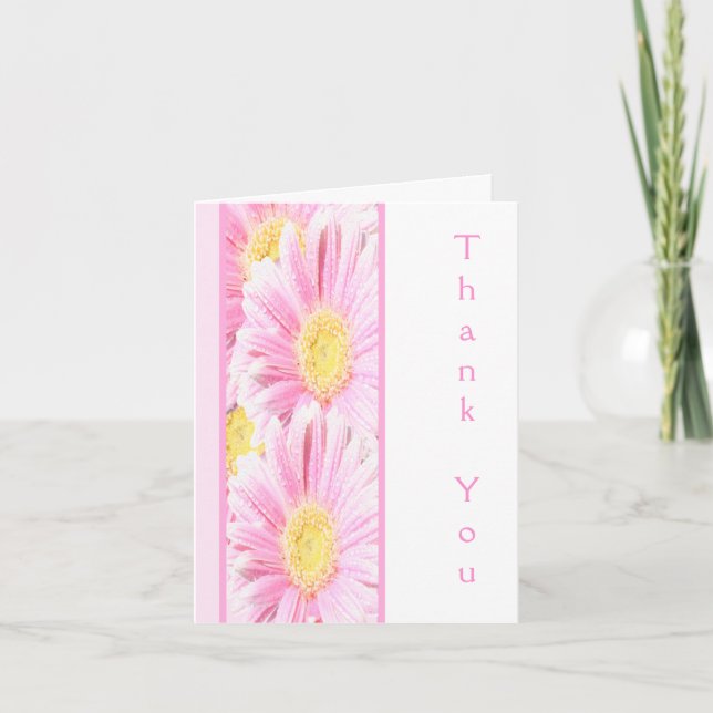Pink Gerbera Daisies on White Thank You Note Card (Front)