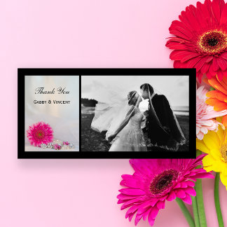 Pink Gerbera Daisy and Buttons Wedding Thank You Card