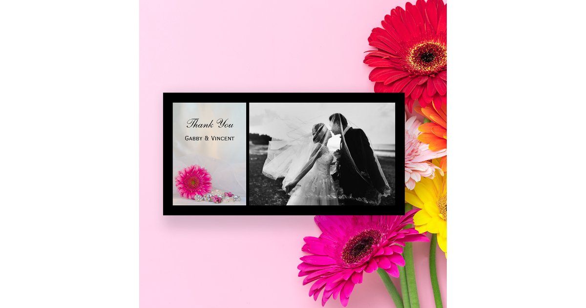 Pink Gerbera Daisy and Buttons Wedding Thank You Card | Zazzle
