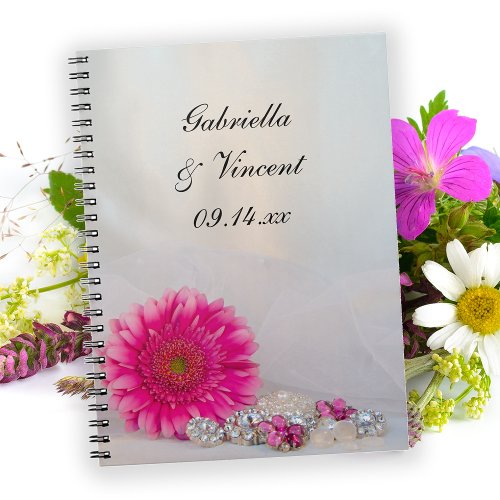 Pink Gerbera Daisy and Diamond Buttons Wedding Notebook