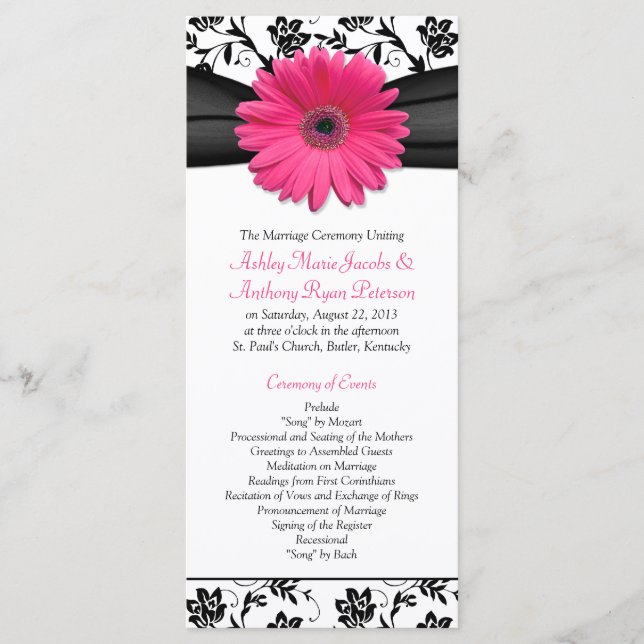 Pink Gerbera Daisy Black Floral Wedding Program (Front)
