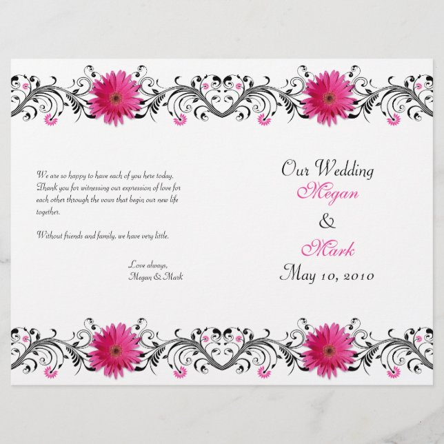 Pink Gerbera Daisy Black Floral Wedding Program (Front)