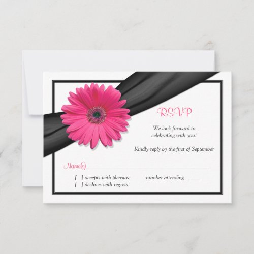 Pink Gerbera Daisy Black Ribbon Reply RSVP Card