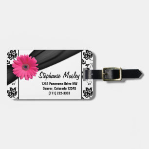 Pink Gerbera Daisy Black White Damask Floral Luggage Tag