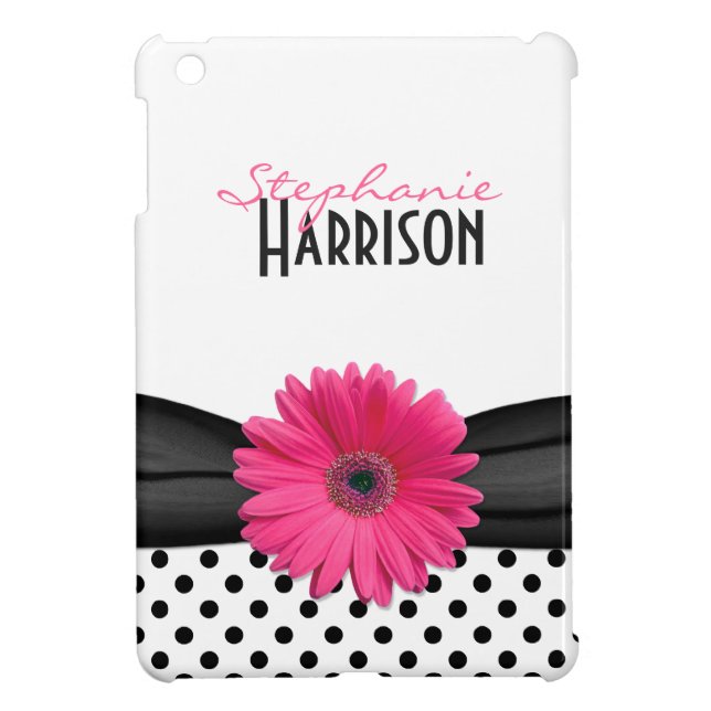Pink Gerbera Daisy Black White Polka Dots iPad Mini Case (Back)
