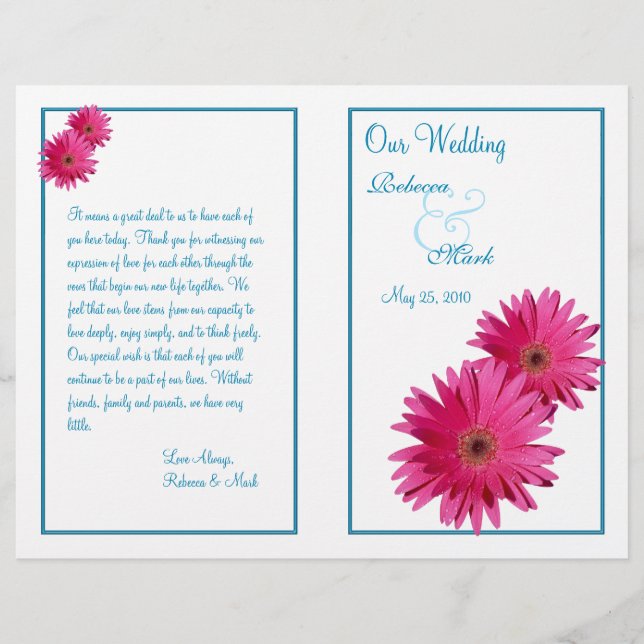 Pink Gerbera Daisy Blue Wedding Program (Front)