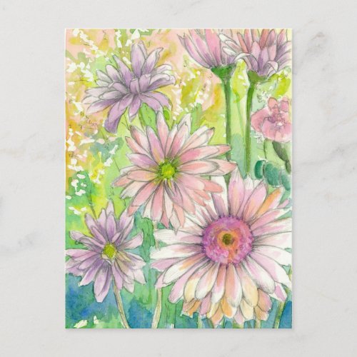 Pink Gerbera Daisy Bouquet Watercolor Flowers Art Postcard