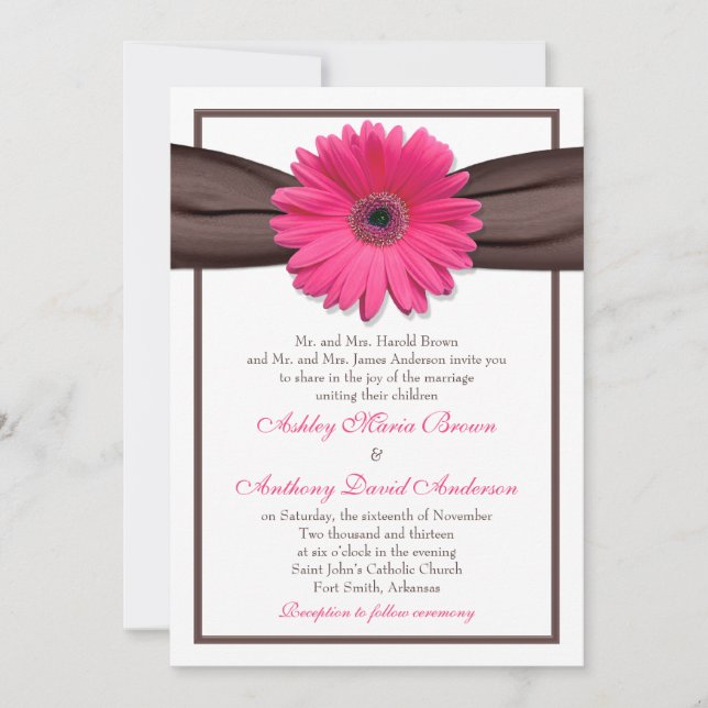 Pink Gerbera Daisy Brown Ribbon Wedding Invitation (Front)