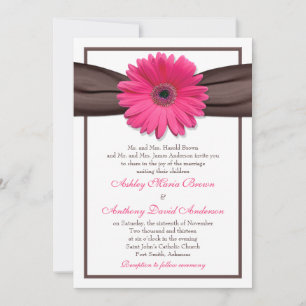 Pink Gerbera Daisy Brown Ribbon Wedding Invitation