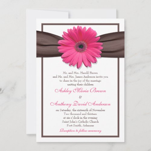 Pink Gerbera Daisy Brown Ribbon Wedding Invitation