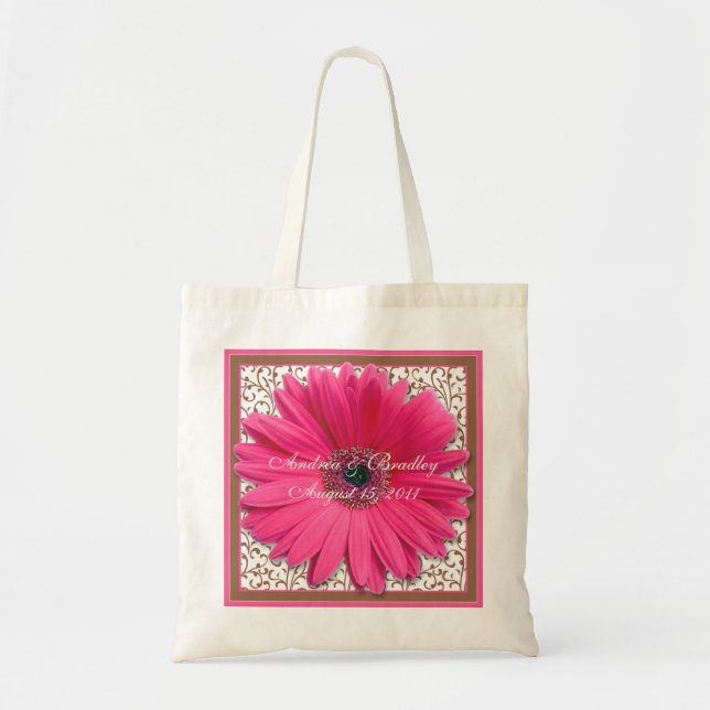 Pink Gerbera Daisy Brown Wedding Welcome Bag (Front)