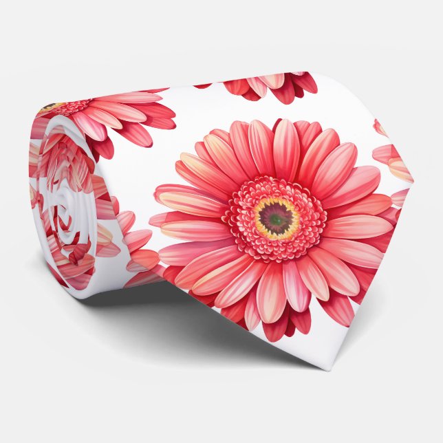 Pink Gerbera Daisy Floral Flower Faux Silk Neck Tie (Rolled)