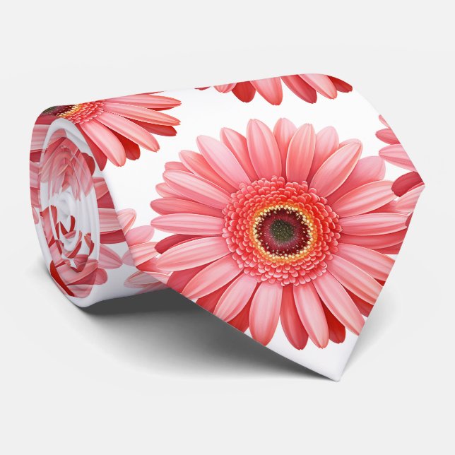 Pink Gerbera Daisy Floral Flower Faux Silk Neck Tie (Rolled)
