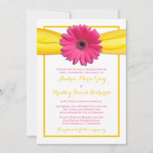 Pink Gerbera Daisy Flower Yellow Ribbon Wedding Invitation