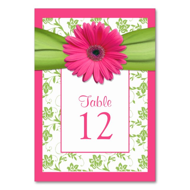 Pink Gerbera Daisy Green Damask Table Number Card (Back)