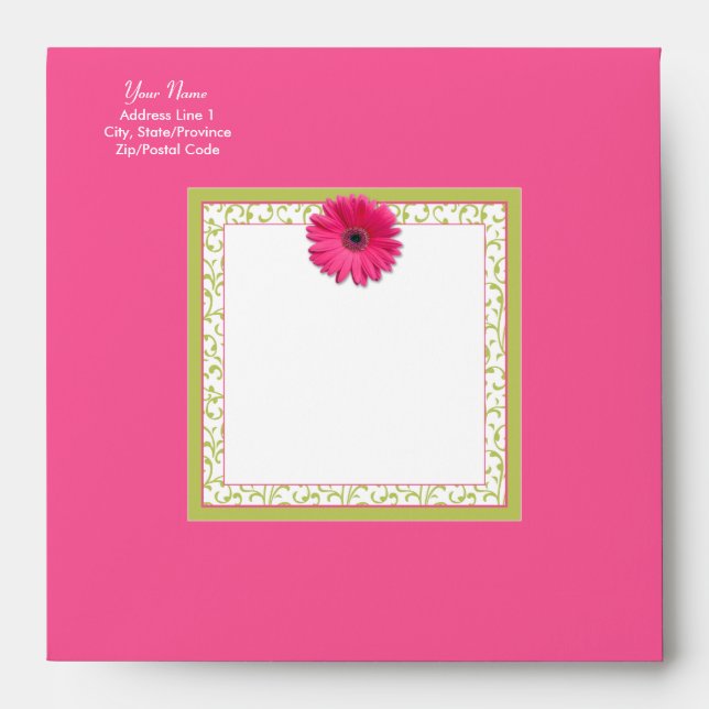 Pink Gerbera Daisy Green Floral Square Envelope (Front)
