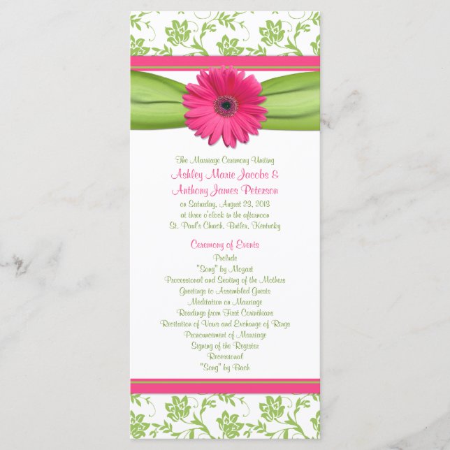 Pink Gerbera Daisy Green Floral Wedding Program (Front)