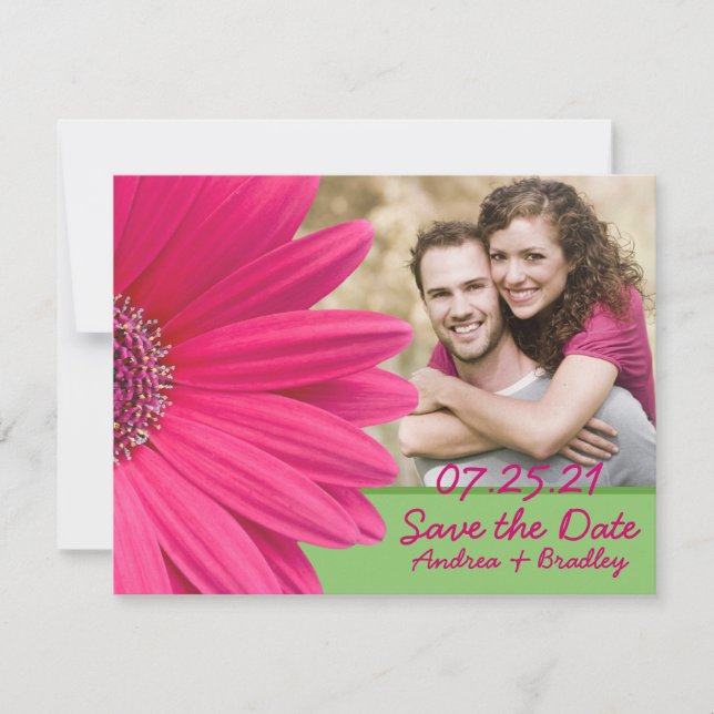 Pink Gerbera Daisy Green Photo Wedding Save The Date (Front)