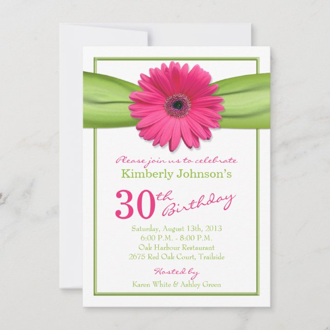 Pink Gerbera Daisy Green Ribbon 30th Birthday Invitation (Front)