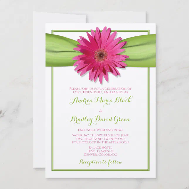 Pink Gerbera Daisy Green Ribbon Wedding Invitation | Zazzle