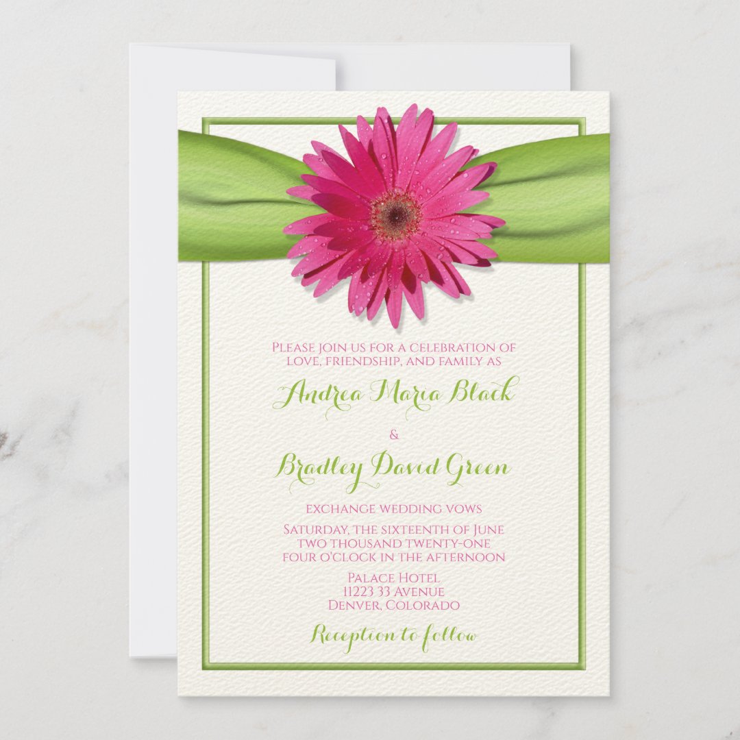 Pink Gerbera Daisy Green Ribbon Wedding Invitation | Zazzle