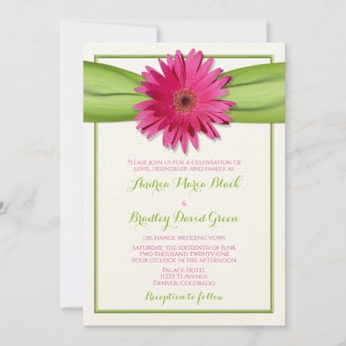Pink Gerbera Daisy Green Ribbon Wedding Invitation