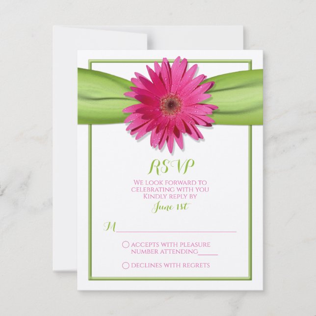 Pink Gerbera Daisy Green Ribbon Wedding RSVP (Front)