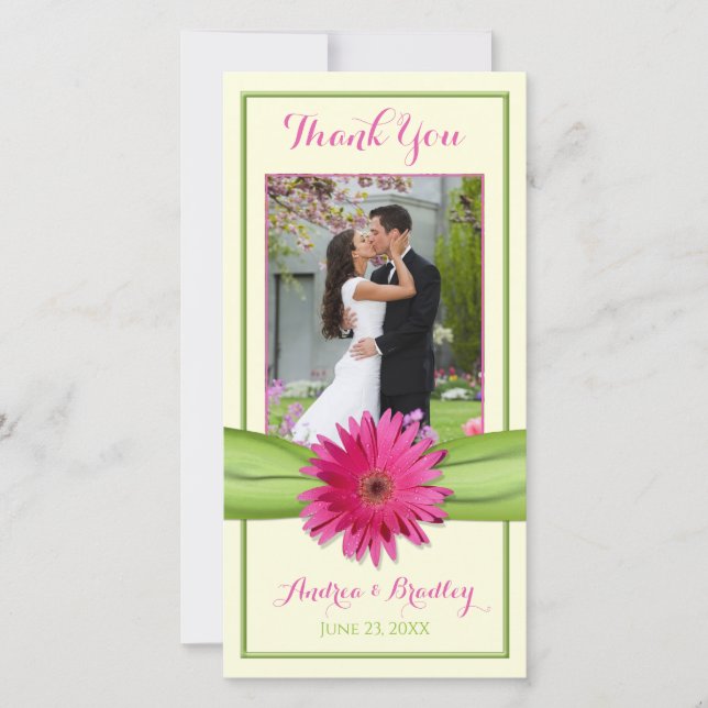 Pink Gerbera Daisy Green Ribbon Wedding Thank You (Front)
